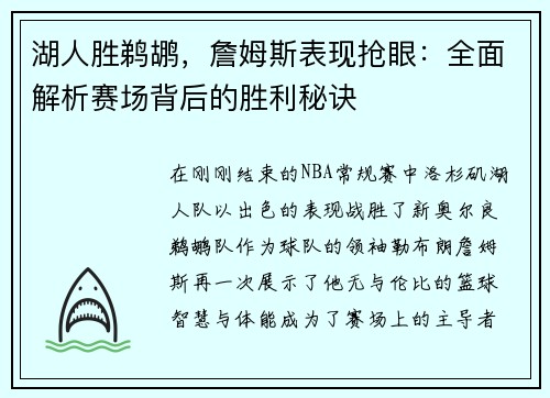 湖人胜鹈鹕，詹姆斯表现抢眼：全面解析赛场背后的胜利秘诀